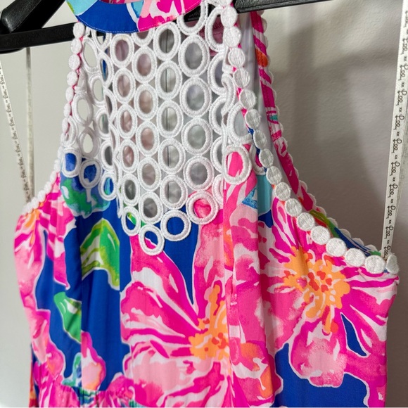 Lilly Pulitzer Kinley Pink Blue Halter Sleeveless Eyelet Fit & Flare Sundress - Picture 6 of 14